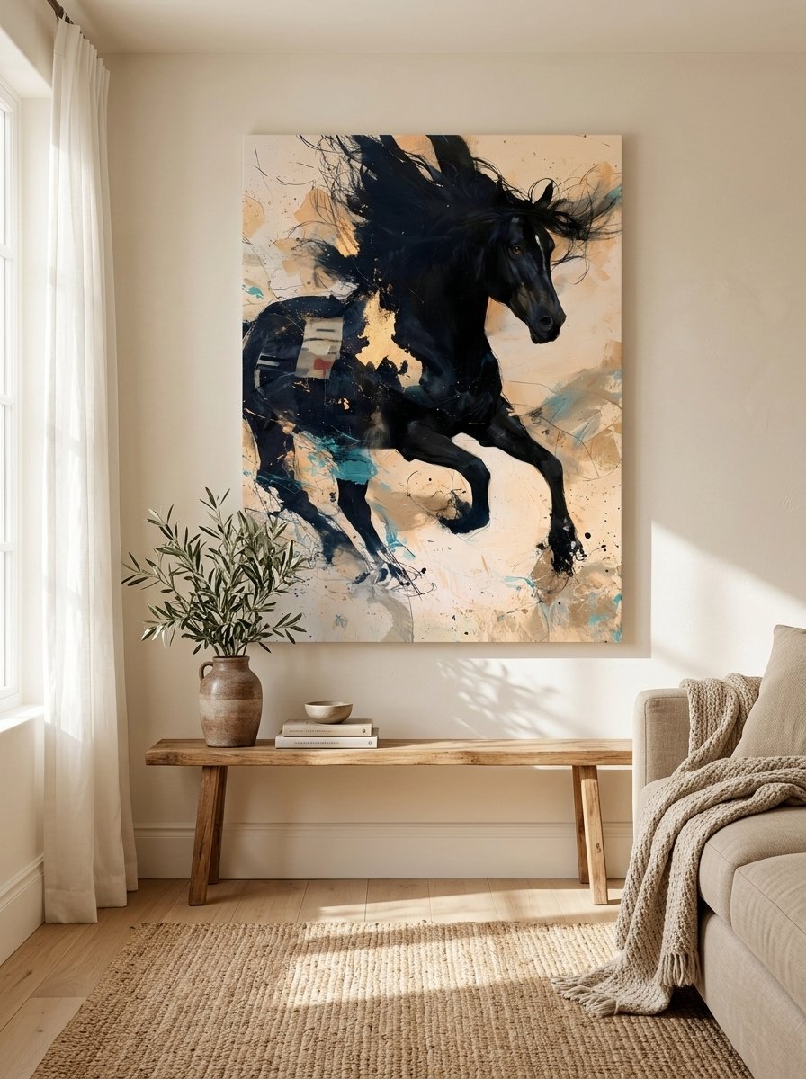 Black Horse Galloping Abstract Canvas Wall Art for Living Room | Buy Online India
