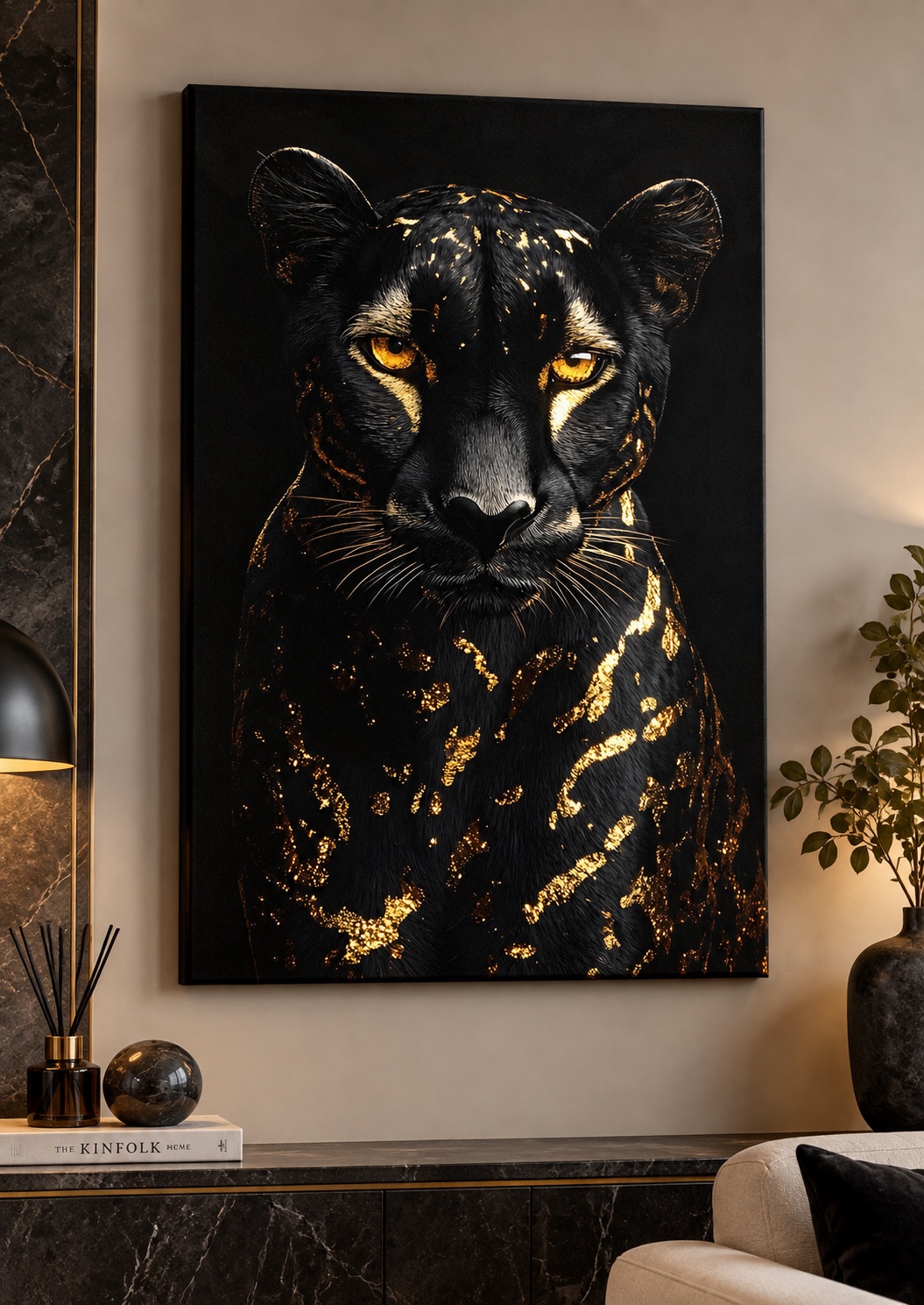 Black Panther Gold Leaf Canvas Wall Art – Modern Luxury Black & Gold Wildlife Fine Art Print canvas print — black panther