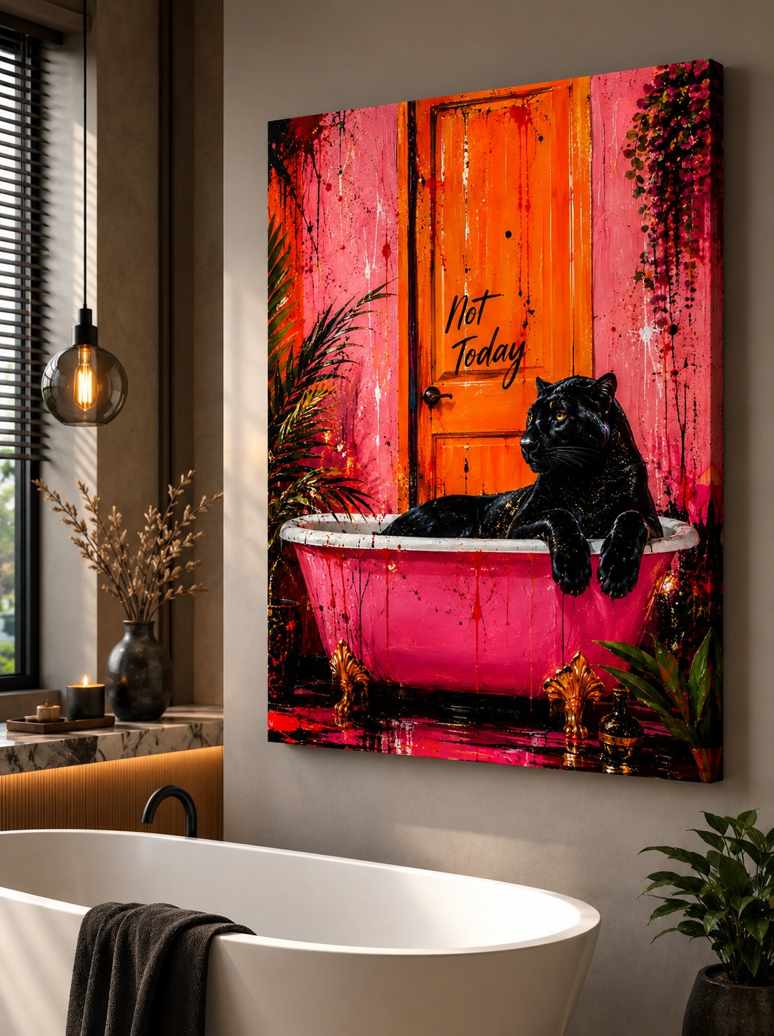 Black Panther in Pink Bathtub Wall Art | "Not Today" Moody Pop Art Canvas Print canvas print — black panther wall decor