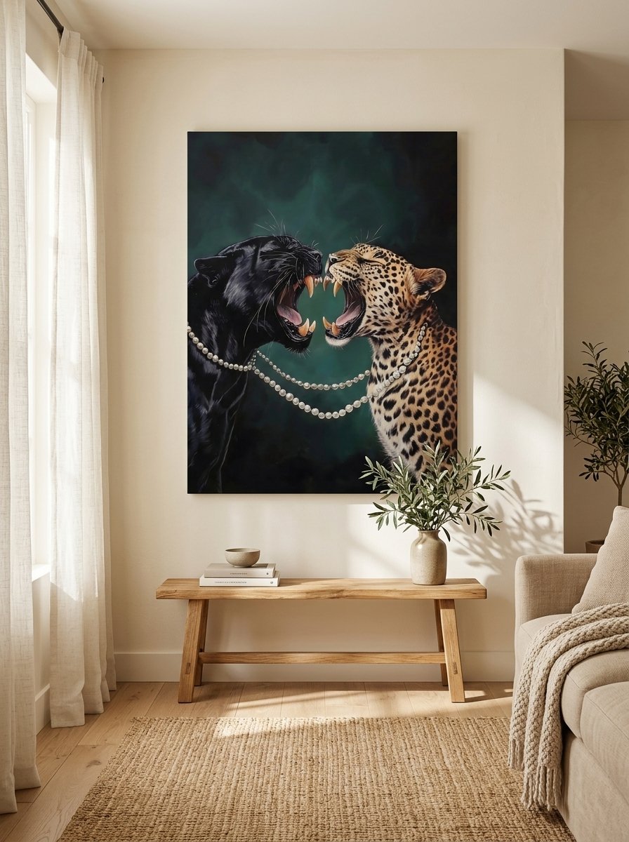 Black panther and leopard facing off nose to nose sharing a string of pearls — canvas wall art