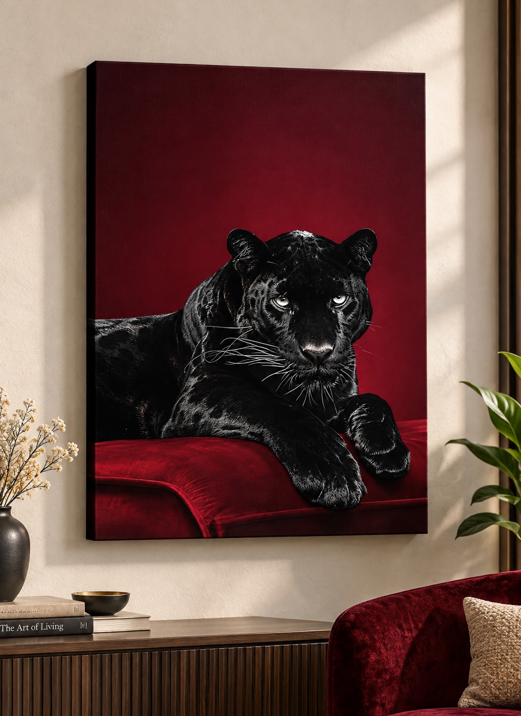 Black Panther Portrait in Deep Burgundy – Dramatic Dark Animal Art for Modern Luxury Décor