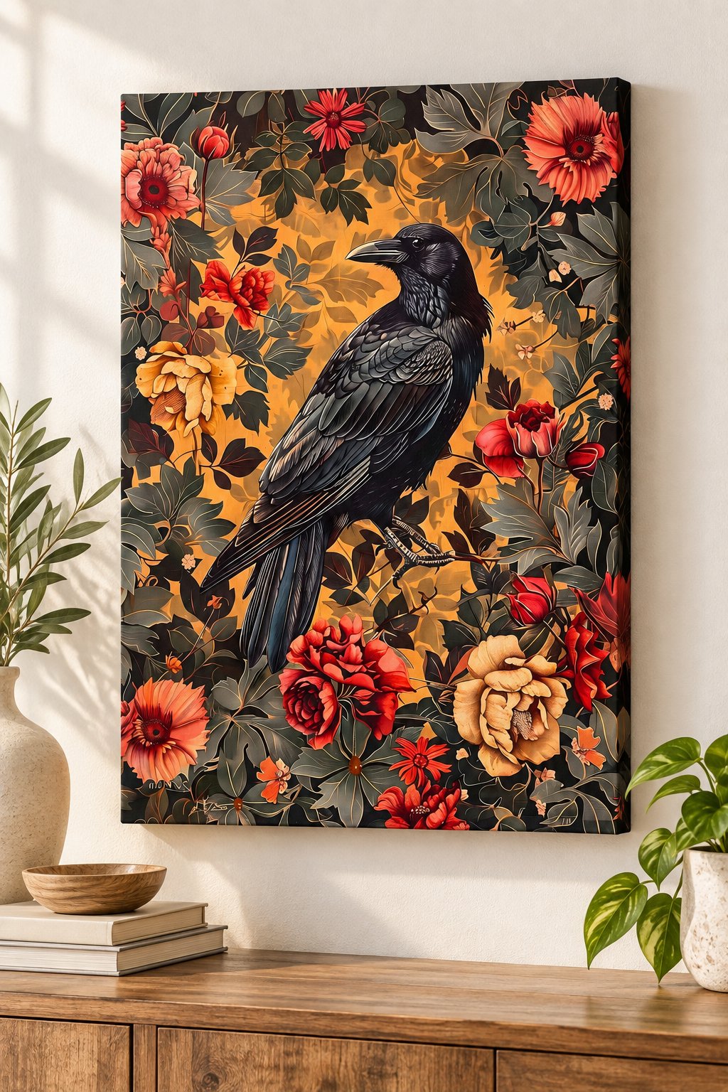 Black raven among red and peach roses with golden backlight — canvas wall art