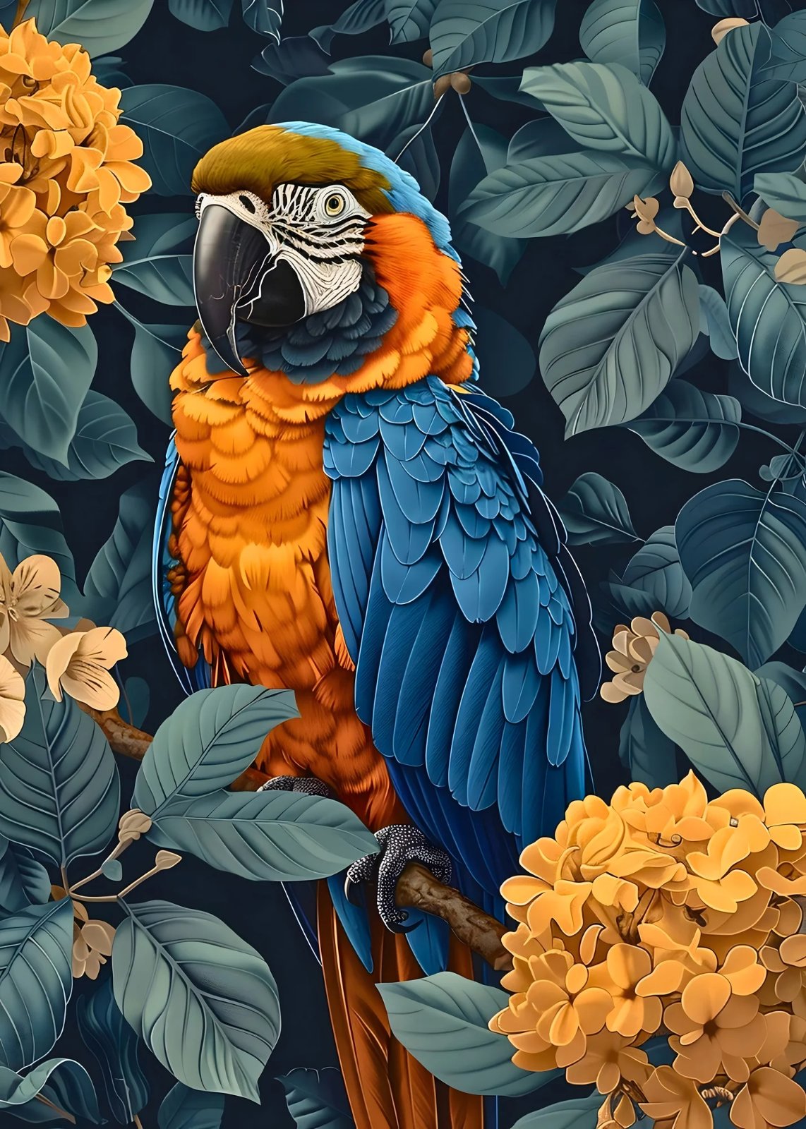 Blue and gold macaw with orange chest among yellow flowers on dark background — poster