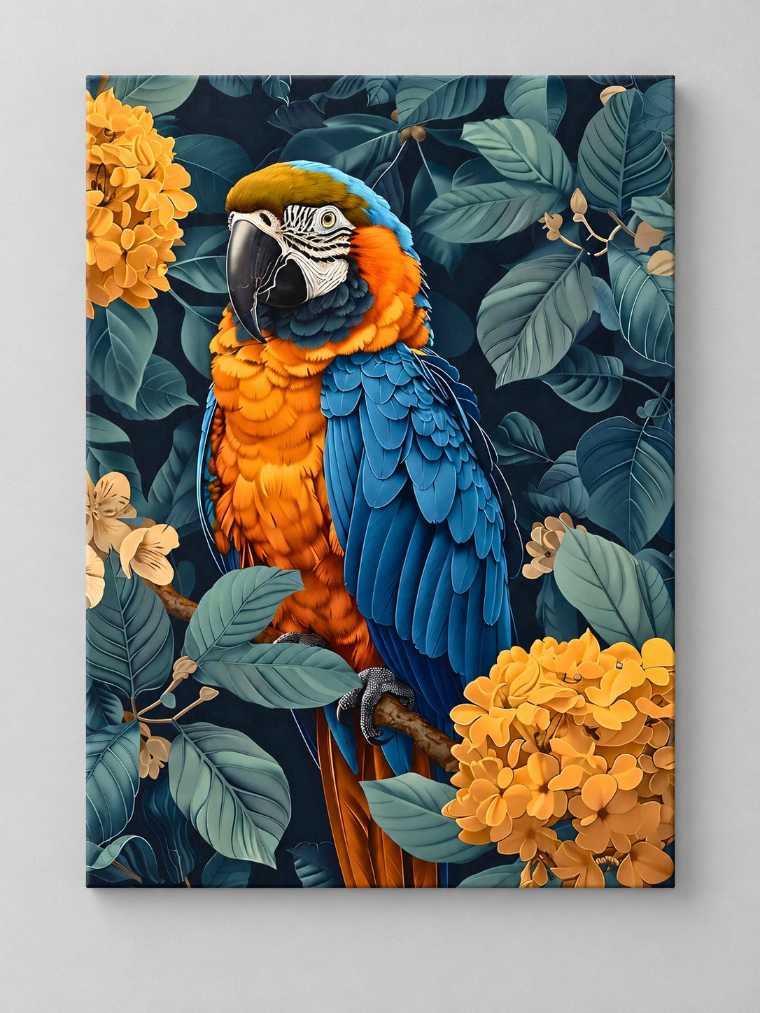 Blue and gold macaw with orange chest among yellow flowers on dark background — canvas wall art