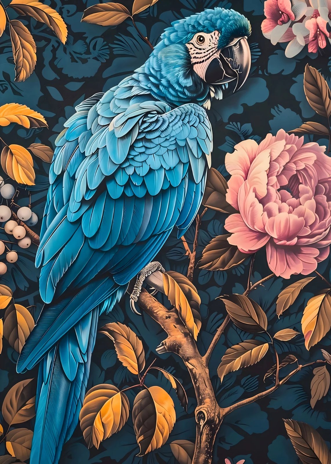 Blue and yellow macaw with autumn leaves, white berries and pink peony — poster