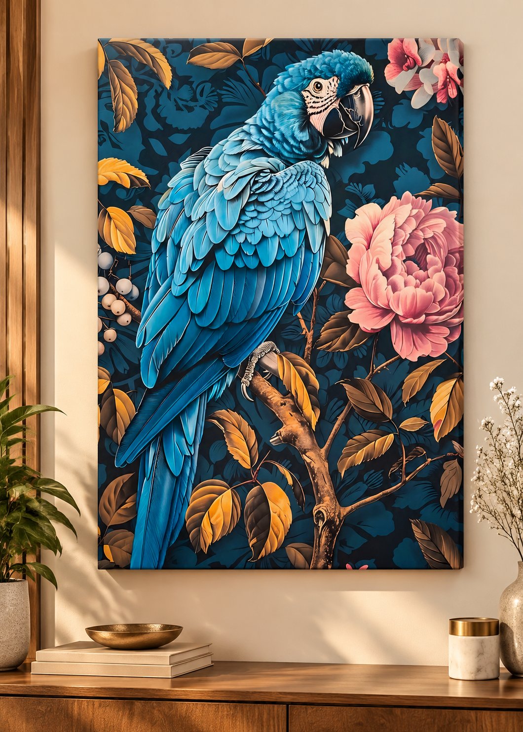 Blue and yellow macaw with autumn leaves, white berries and pink peony — canvas wall art