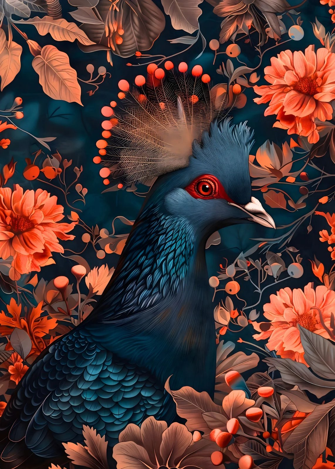 Deep-blue crowned pigeon with orange-tipped crest among coral flowers — poster