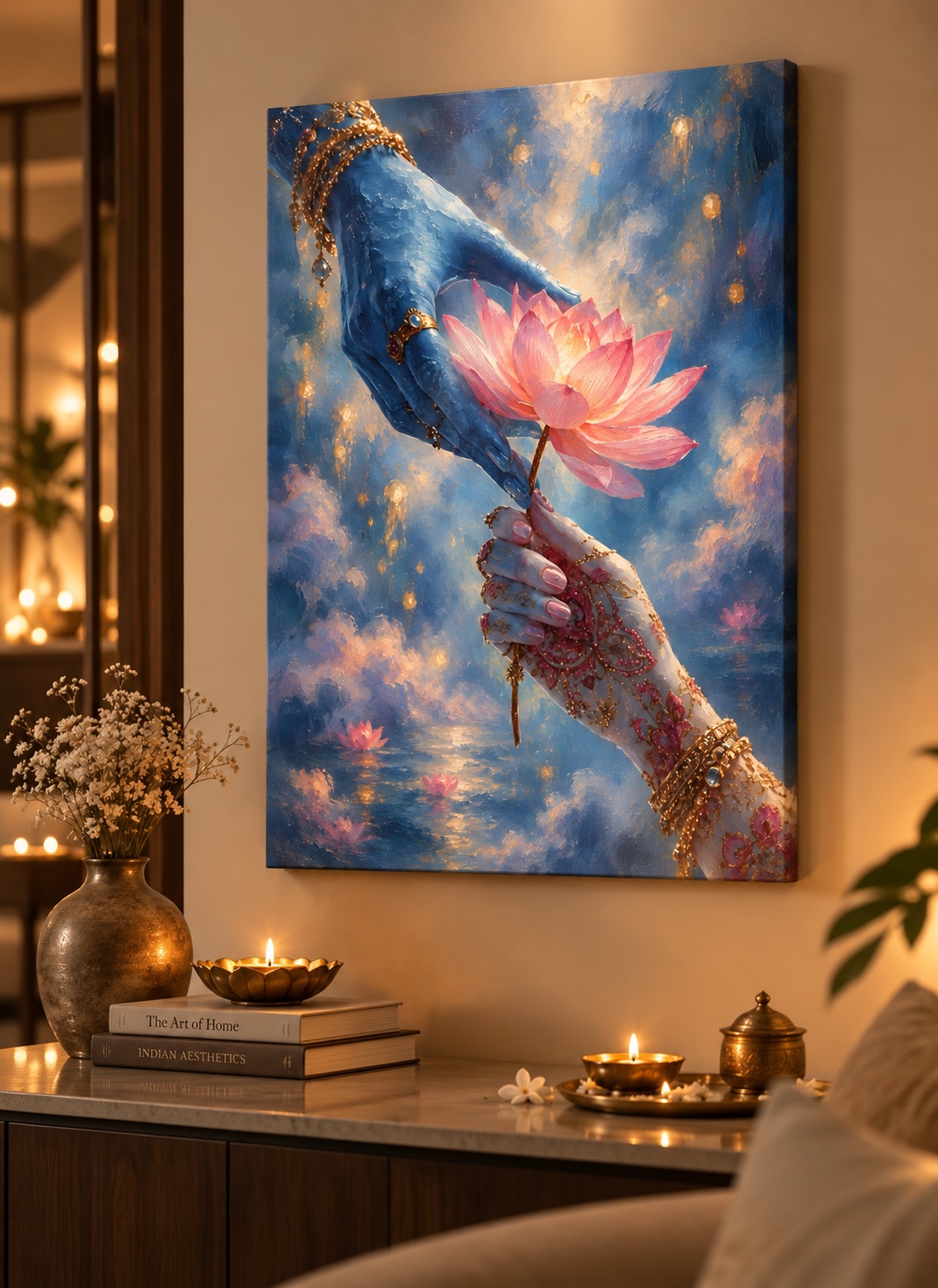 Blue Hands Holding Pink Lotus Canvas Wall Art – Ornate Gold Jewelry & Henna Print canvas print — lotus wall decor