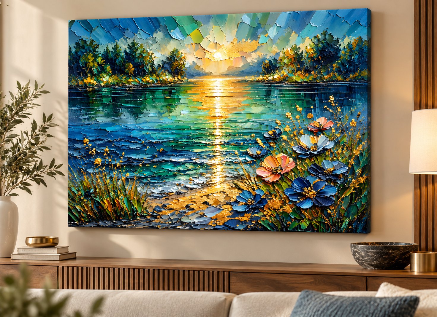 Blue lake sunset wildflowers canvas wall art with golden reflections