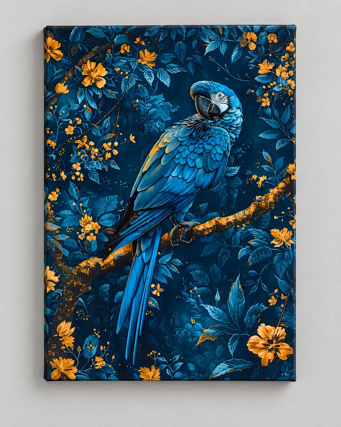 Deep-blue hyacinth macaw with golden-yellow flowers on navy background — canvas wall art