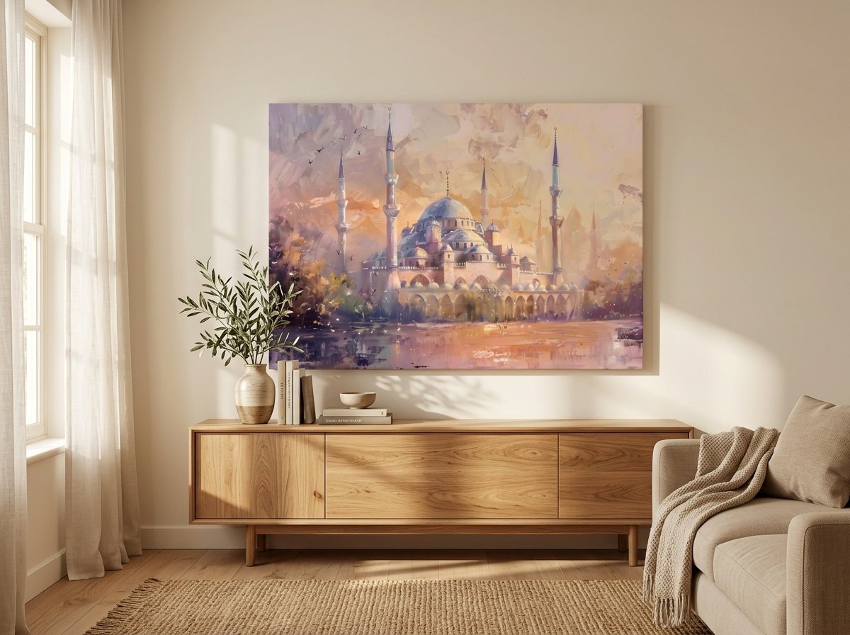 Blue Mosque Istanbul at golden hour with six minarets under a pink-gold sky — canvas wall art