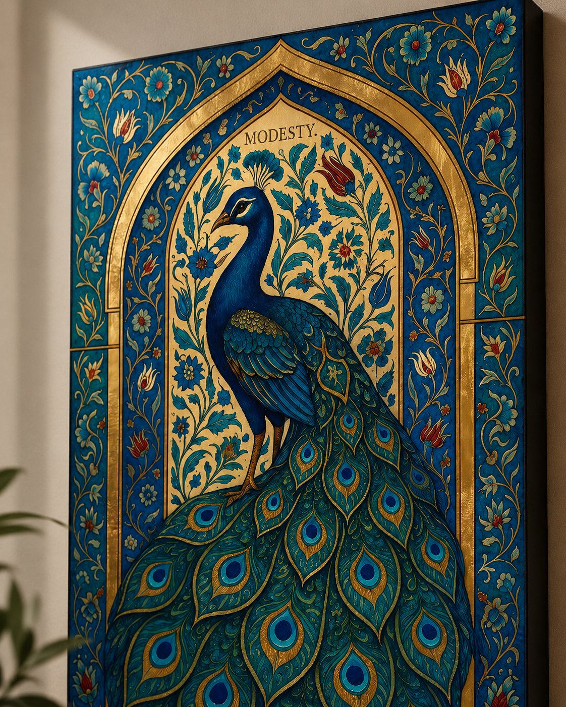 Blue Peacock Wall Art - Elegant Persian Style Floral Arch Canvas Print, Majestic Bird Artwork with Gold Accents for Living Room Decor canvas print — peacock canvas