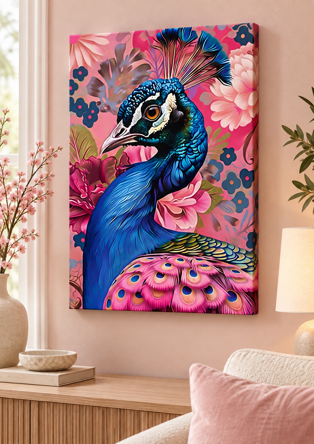 Blue Peacock with Pink Tail Feathers and Floral Background | Colorful Bird Wall Art
