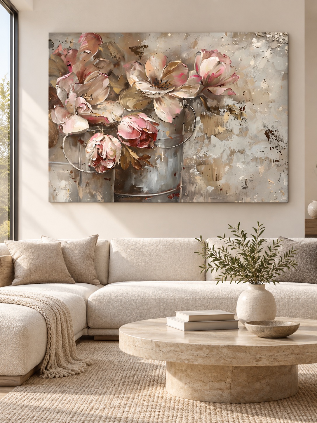 Blush Peonies in Bucket Floral Canvas Wall Art