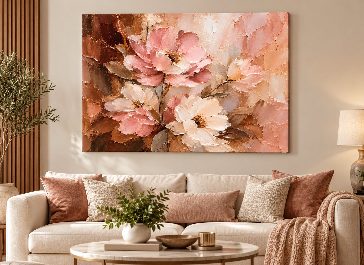 blush pink blossom impasto canvas wall art