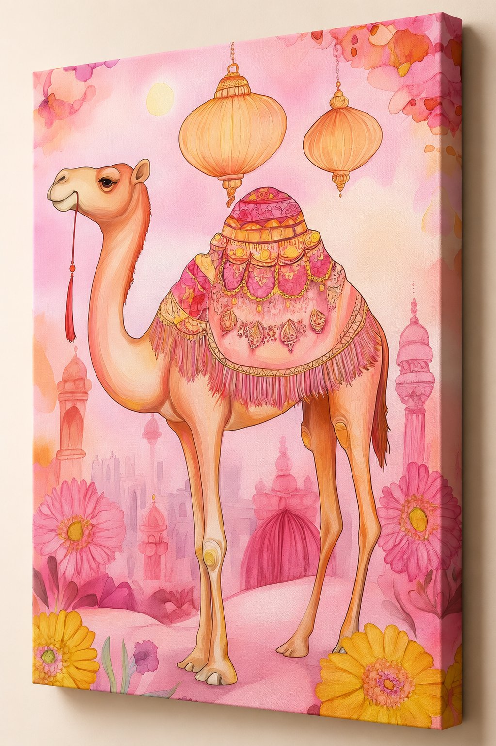 Bohemian Pink Camel Wall Art – Desert Chic Watercolor Illustration Printable, Middle Eastern Decor for Nursery and Living Room canvas print — camel wall decor