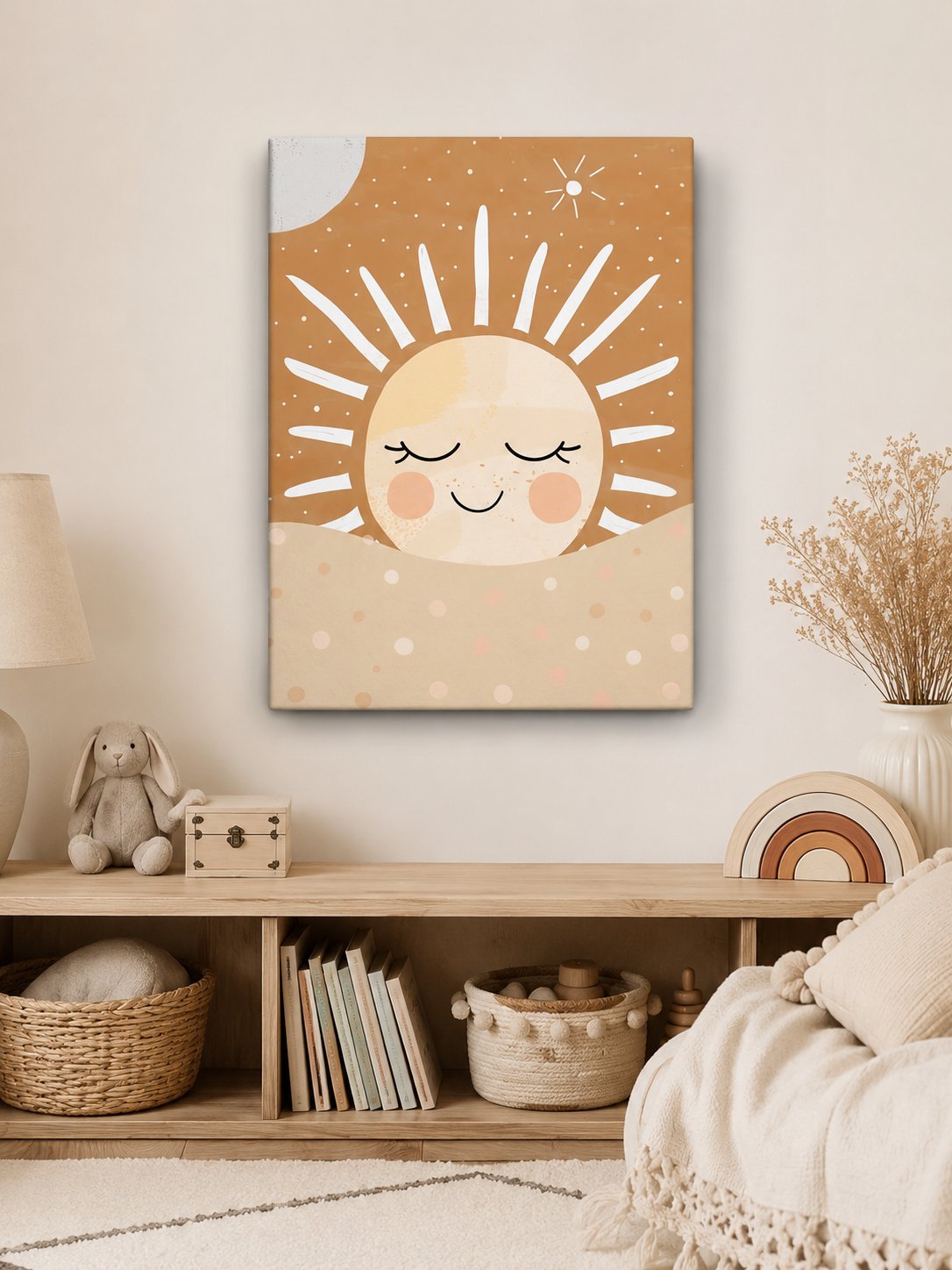  Boho Sun Wall Art Print | Cute Smiling Sun Canvas for Nursery & Kids Room Decor | Modern Minimalist Teracotta Poster canvas print — nursery decor