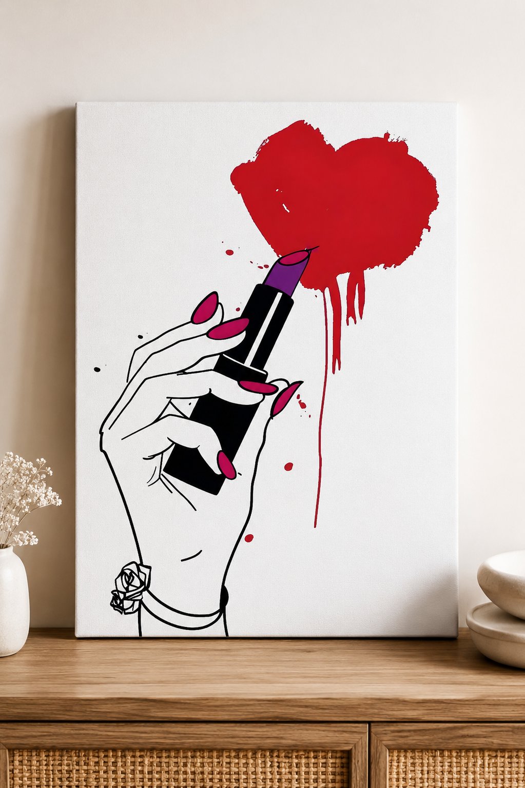 Bold Red Heart & Purple Lipstick Wall Art | Modern Fashion Illustration Canvas Print | Edgy Glam Bedroom Decor canvas print — fashion illustration