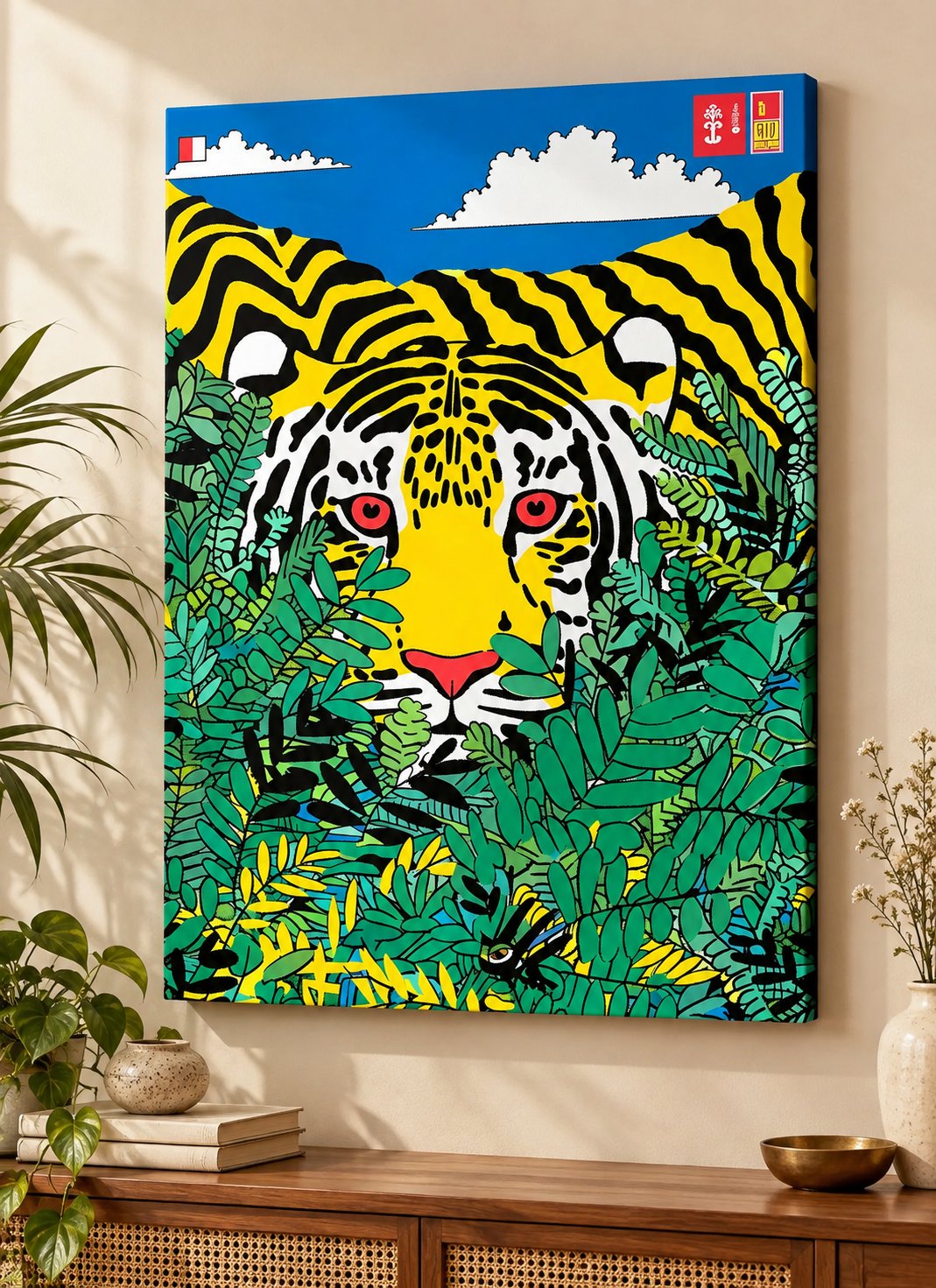 Bold Tiger in Tropical Foliage – Yellow, Green & Blue Maximalist Pop Art Wall Decor