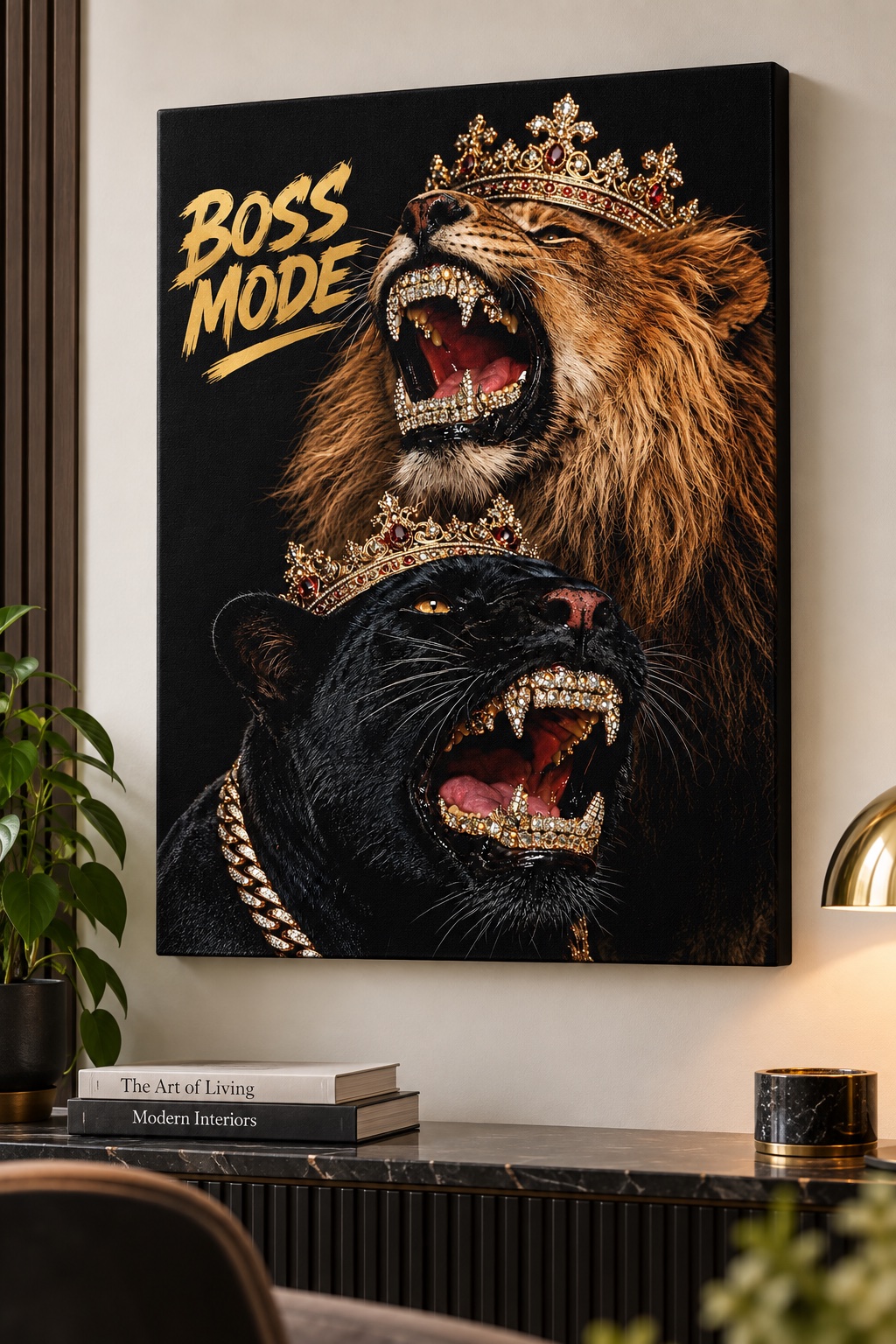 Boss Mode Lion and Black Panther Canvas Wall Art - Royal Wild Cats Luxury Home Decor canvas print — lion canvas