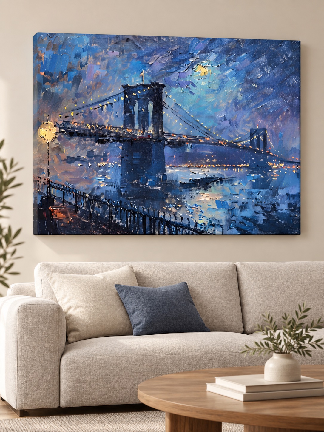 Striking Brooklyn Bridge at night canvas wall art in blue tones