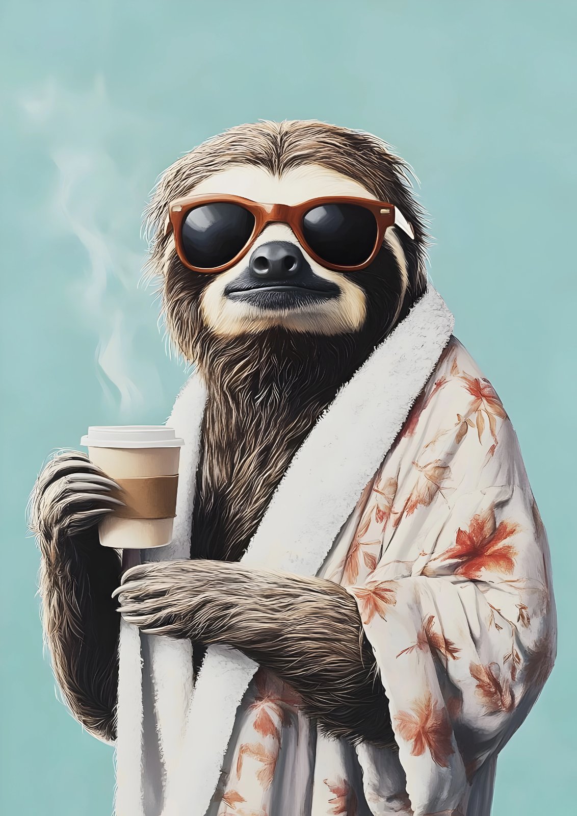 Brown sloth wearing dark sunglasses and a cream floral robe, holding a takeaway coffee against a pale blue background.