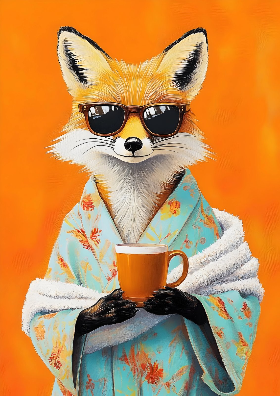 Fox in Sunglasses with Coffee – Colorful Orange Animal Portrait Poster, — Poster