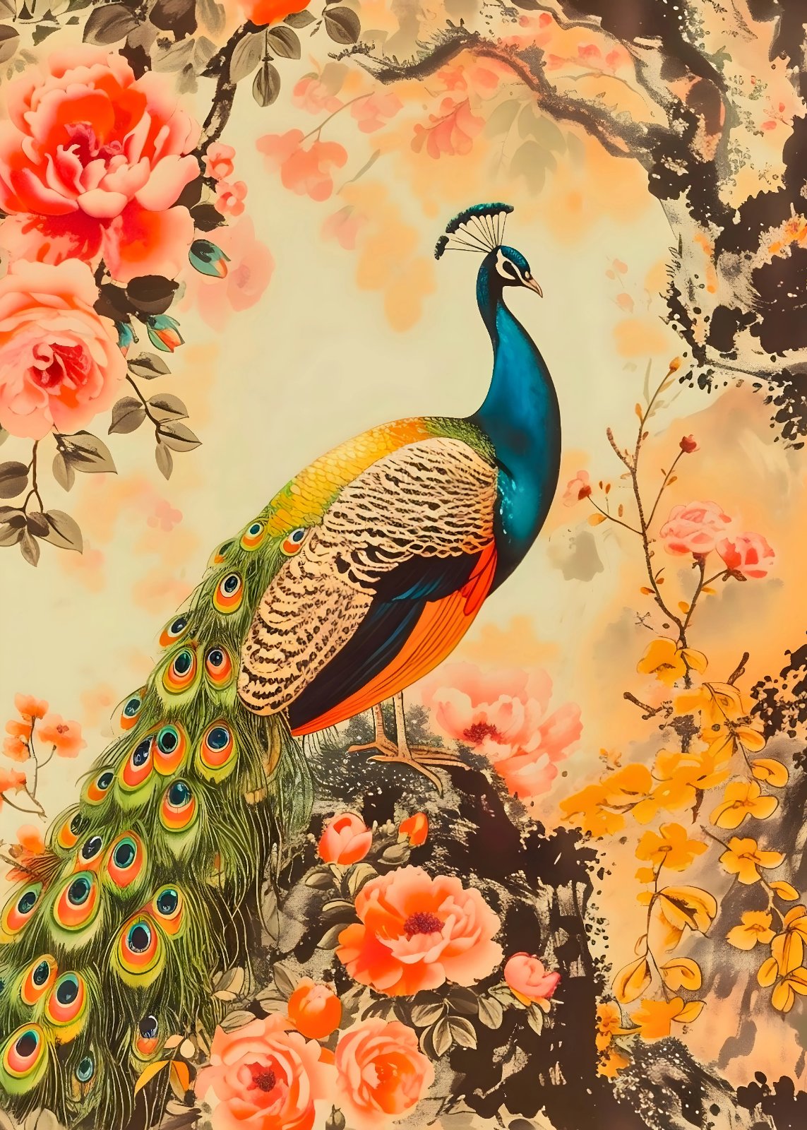 Blue peacock with a long green, eye-patterned tail surrounded by pink flowers and golden leaves against a warm cream background.