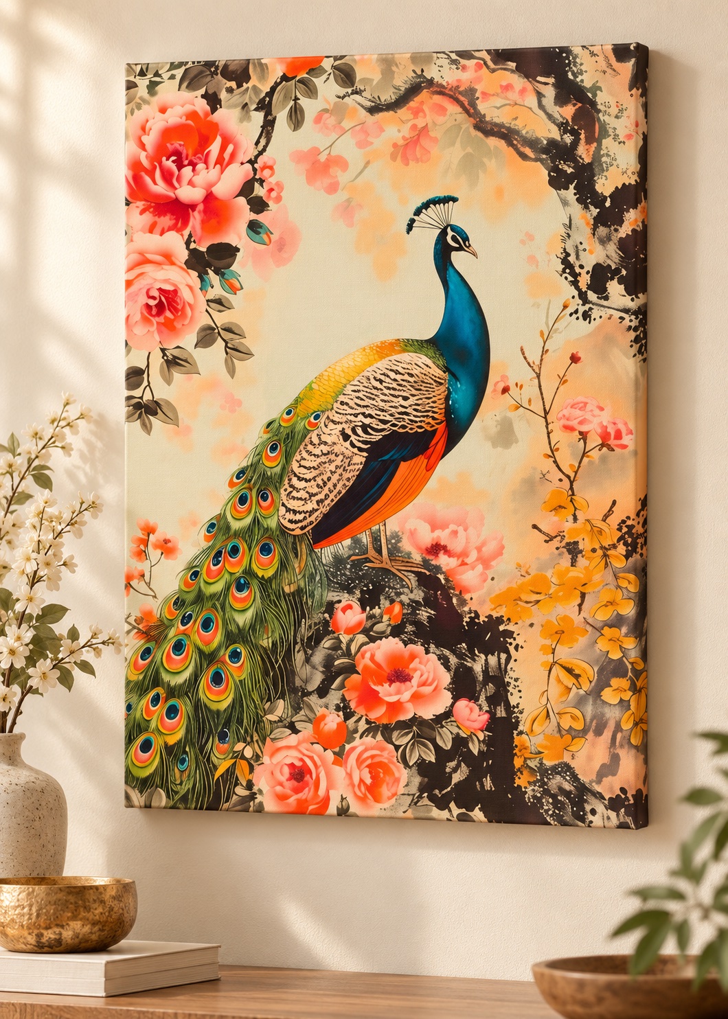 Blue peacock with a long green, eye-patterned tail surrounded by pink flowers and golden leaves against a warm cream background.