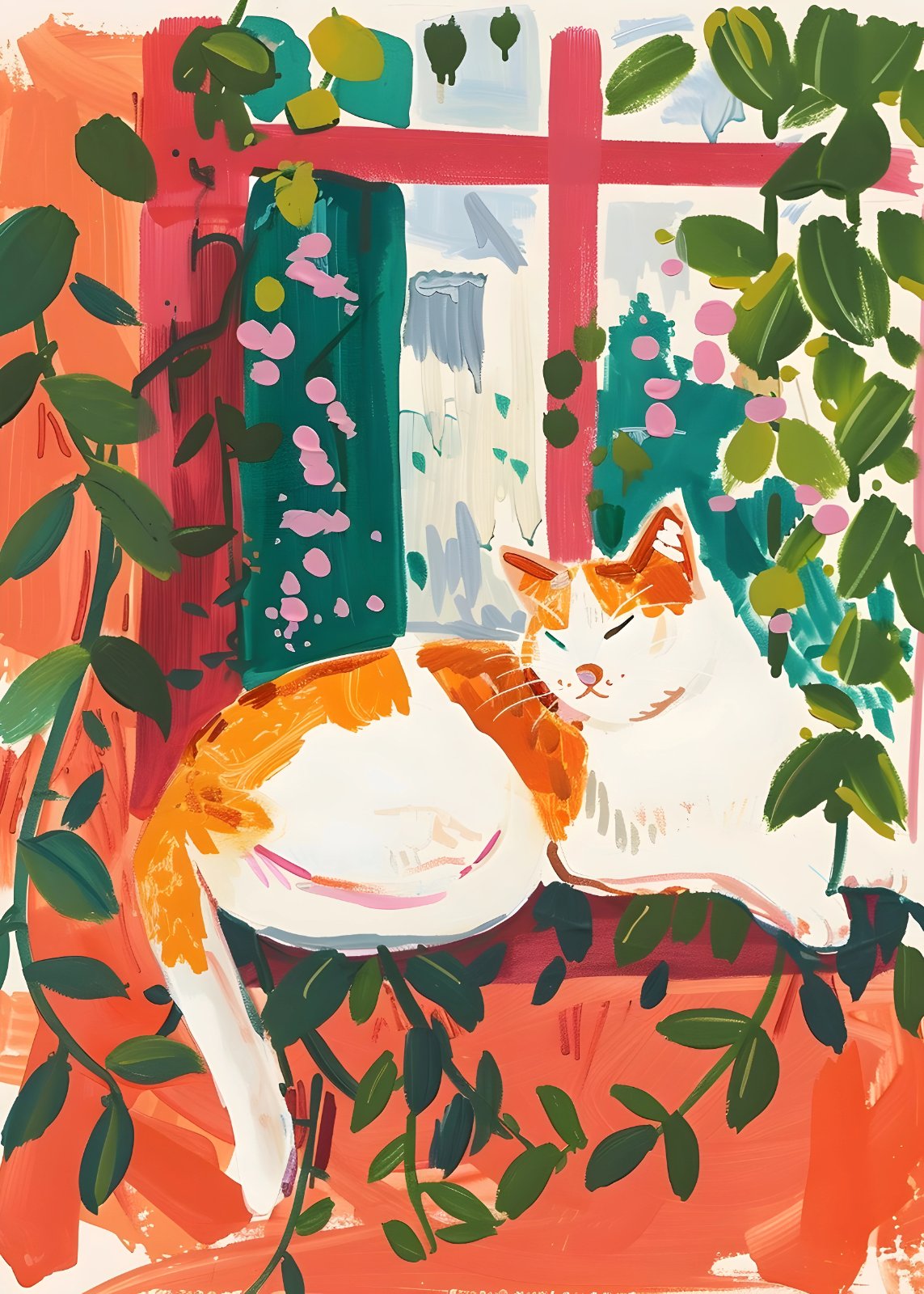 Orange and white cat curled up with its eyes closed, surrounded by green leaves and pink blossoms against a coral background.