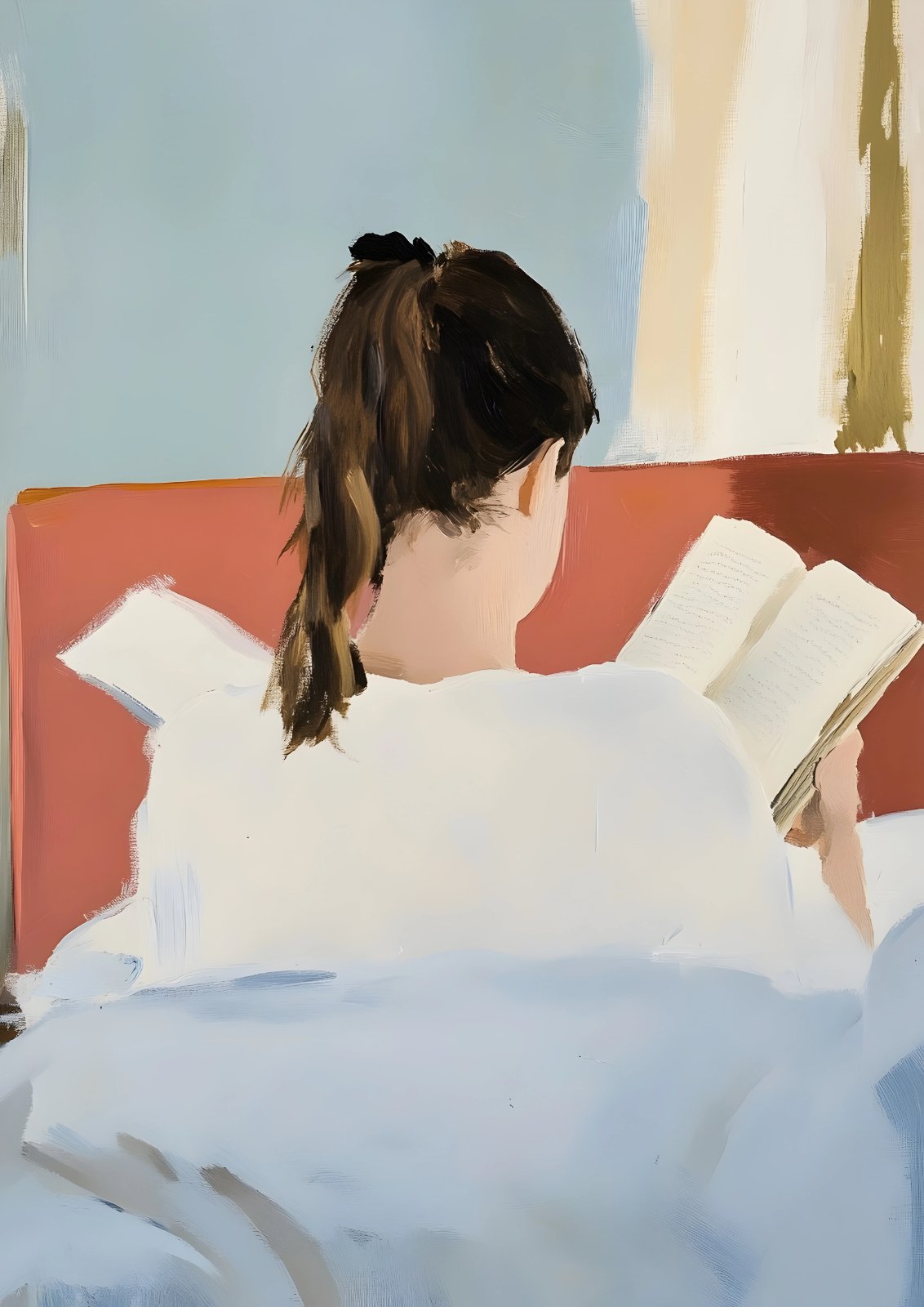 Back view of a dark-haired woman in white reading an open book on a terracotta sofa, with pale blue and cream shapes around her.