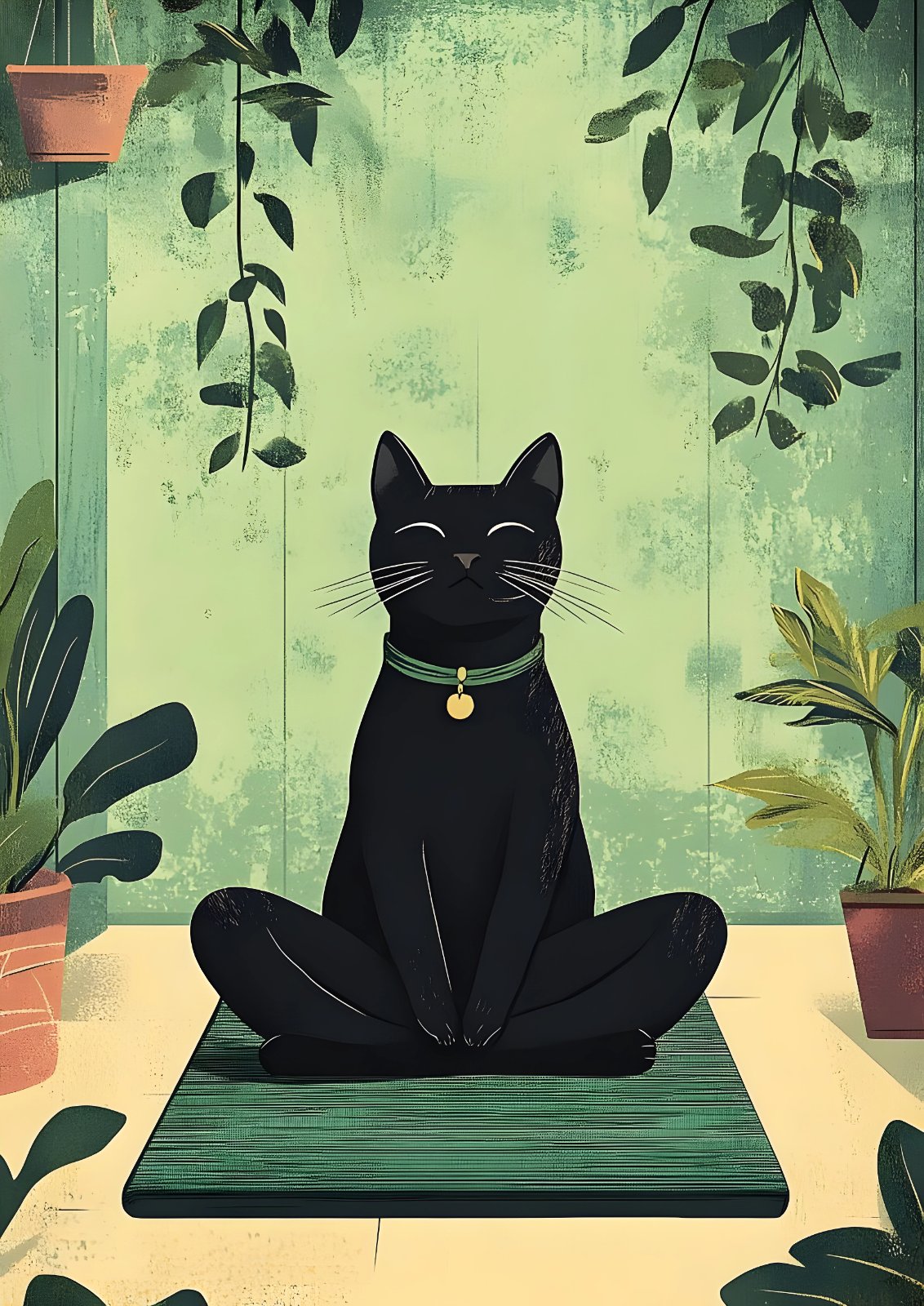 Meditating Black Cat Illustration in Sage Green | Whimsical Botanical Poster — Poster