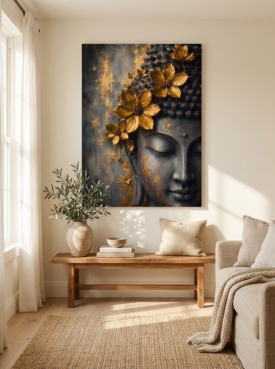Serene Buddha face with gold flowers spiritual canvas wall art for living room and pooja room