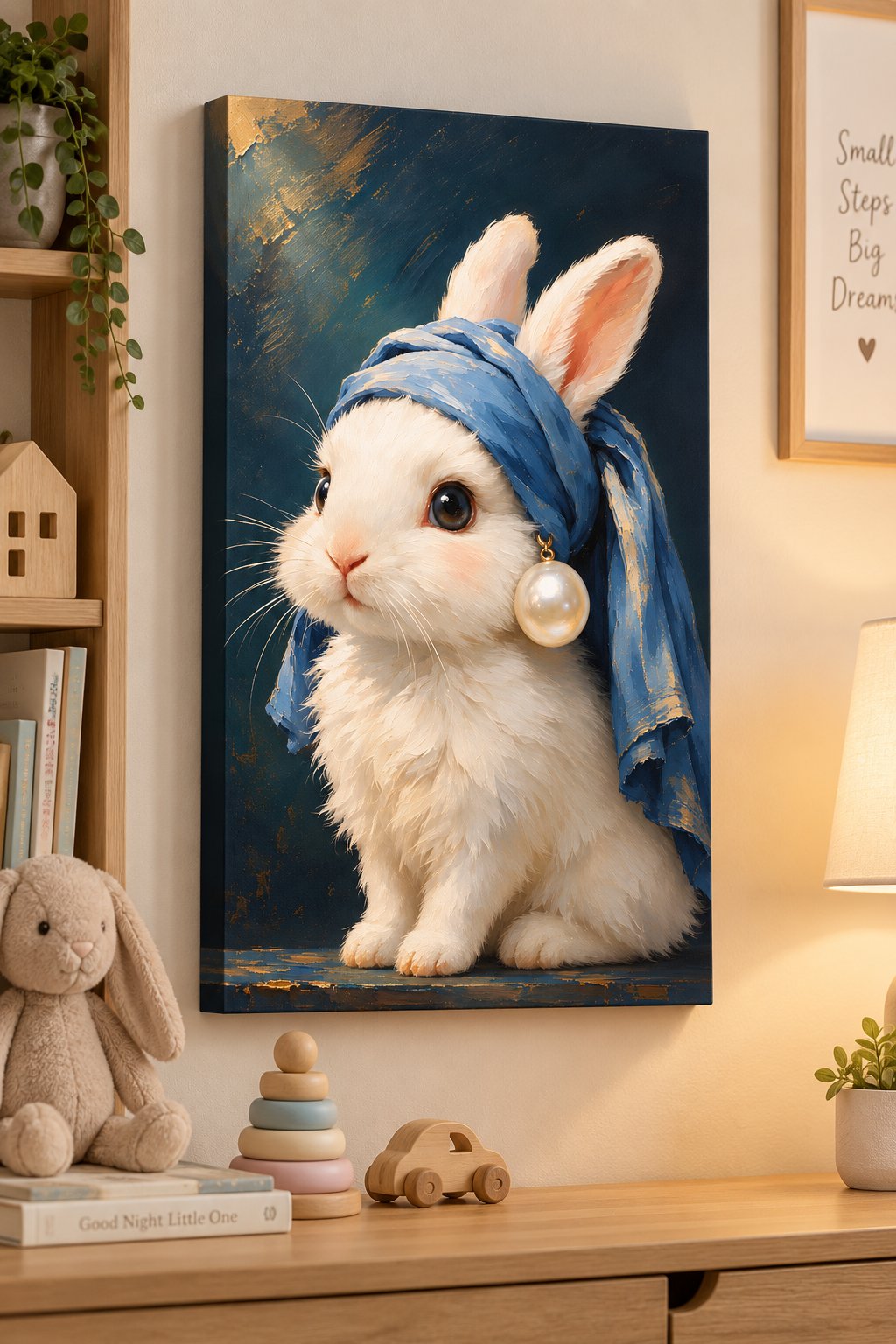 Bunny with a Pearl Earring Canvas Wall Art | Cute Animal Masterpiece Parody Print canvas print — bunny nursery decor