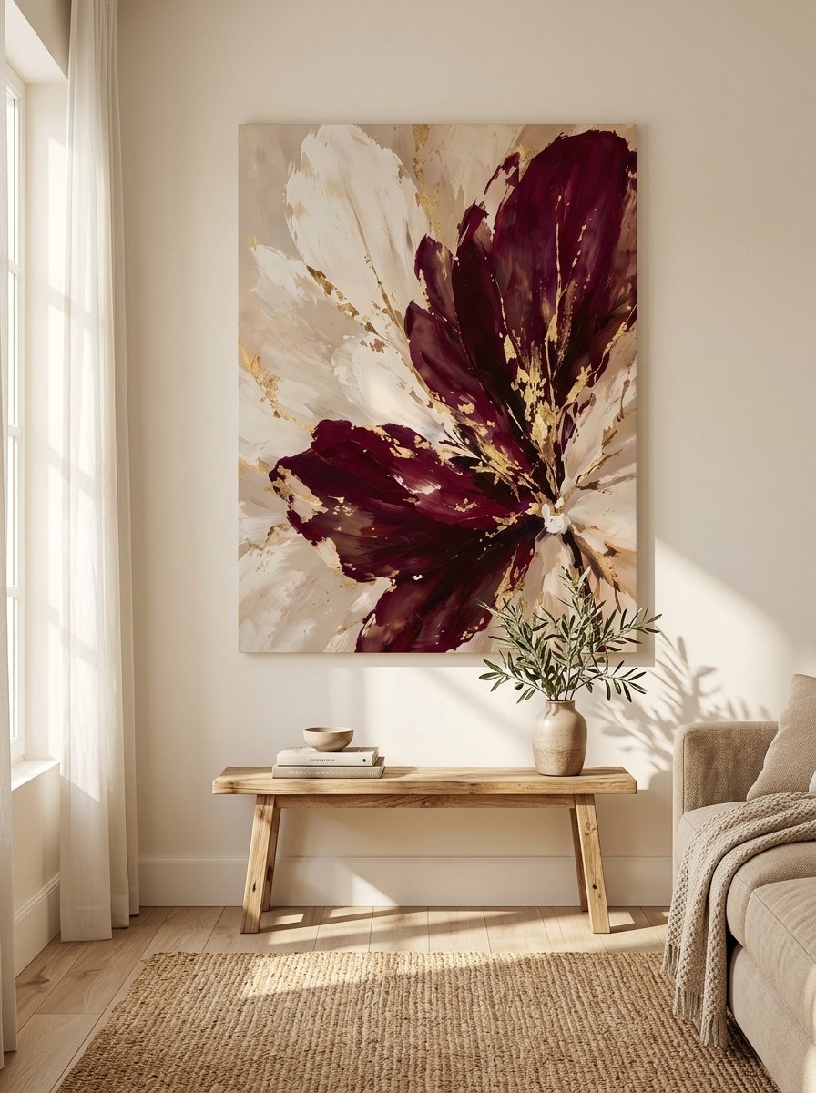 Burgundy and cream flower with gold accents floral canvas wall art for living room and bedroom