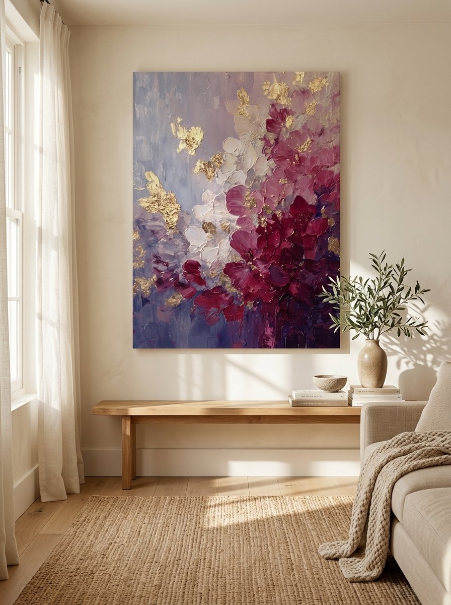 Burgundy magenta and white flowers with gold leaf abstract impasto on lilac background — canvas wall art