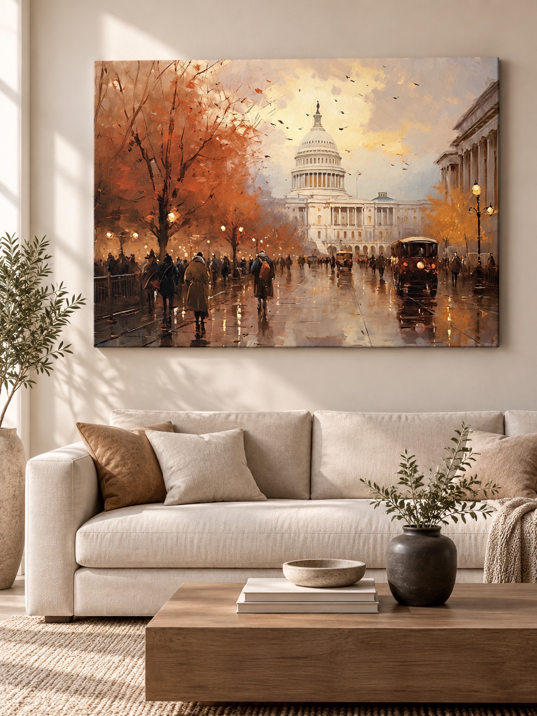 Evocative canvas art of the US Capitol in autumn rain