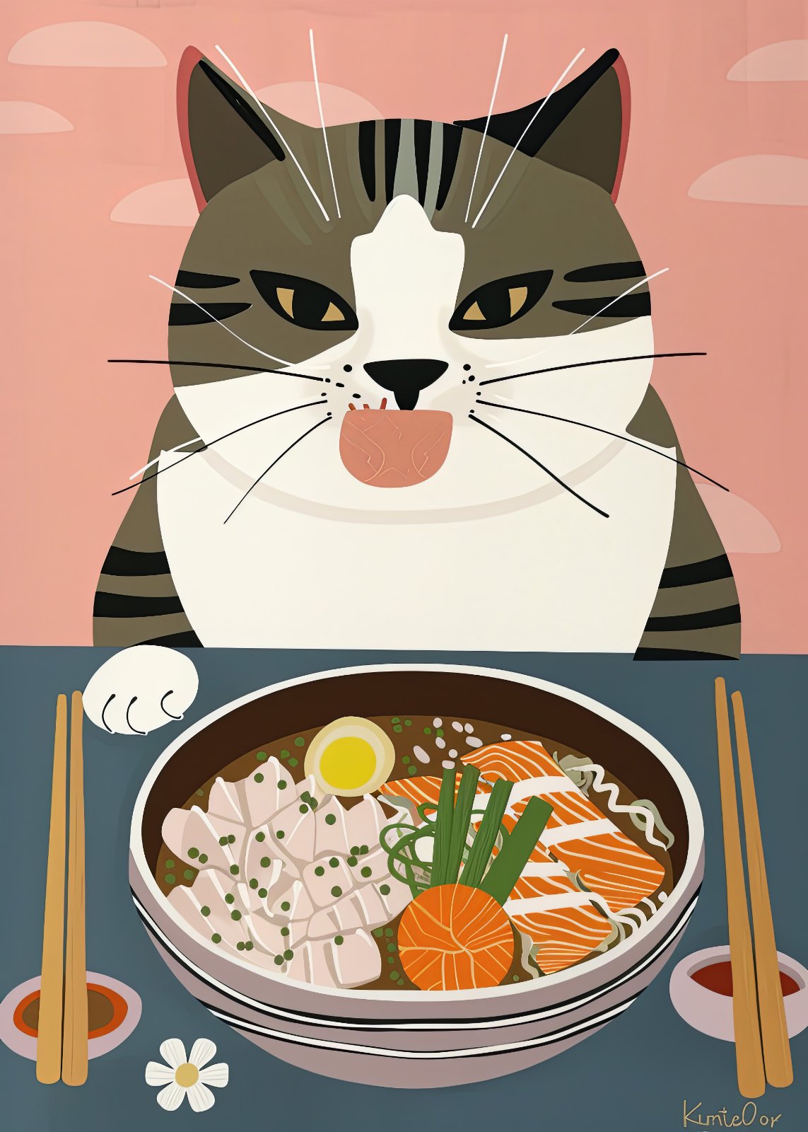 Cat Eating Ramen Poster - Cute Japanese Aesthetic Cat Poster, Funny Kitten Foodie Poster for Kitchen & Dining Room Decor — Poster