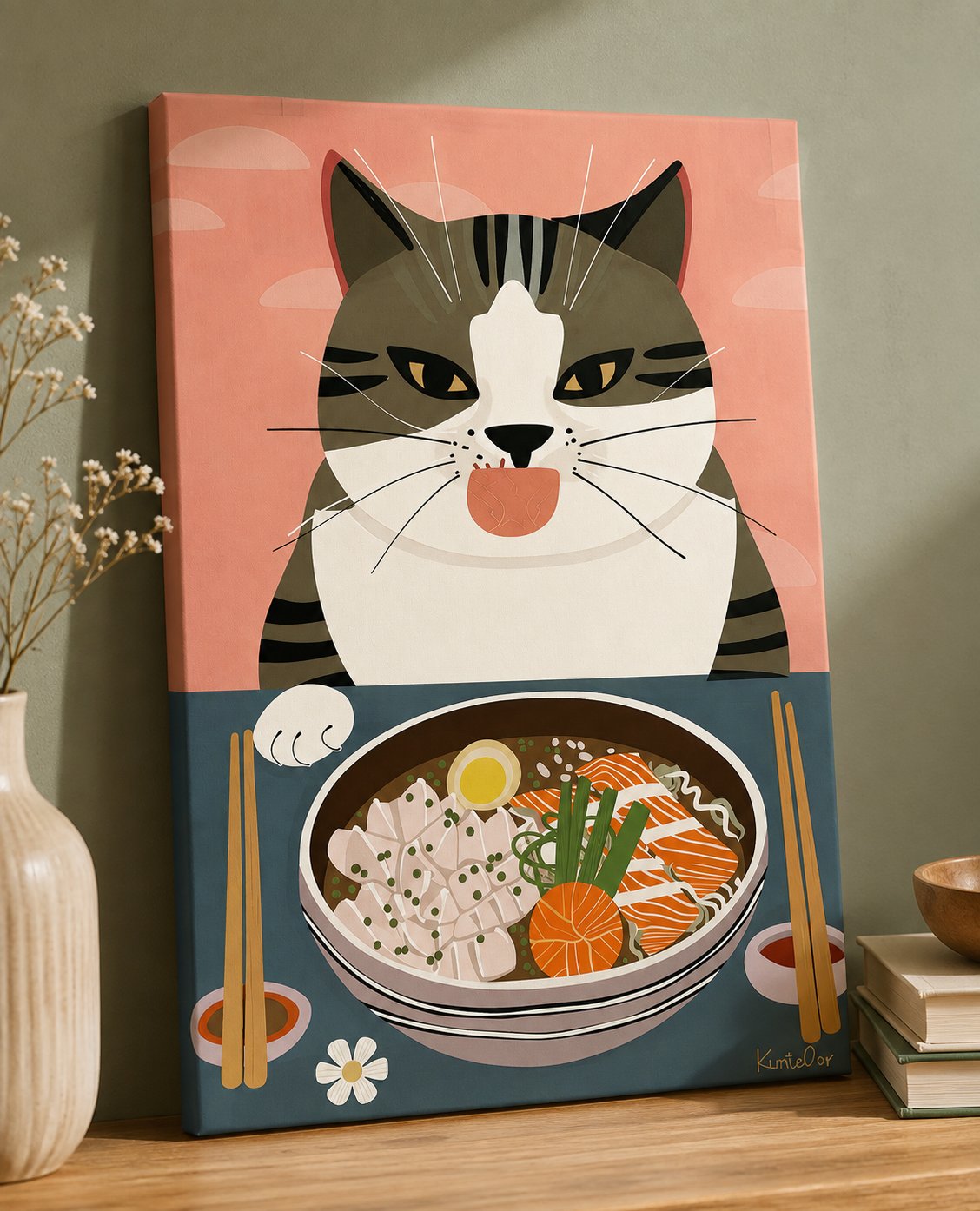 Cat Eating Ramen Wall Art - Cute Japanese Aesthetic Cat Canvas Print, Funny Kitten Foodie Poster for Kitchen & Dining Room Decor canvas print — kawaii cat decor