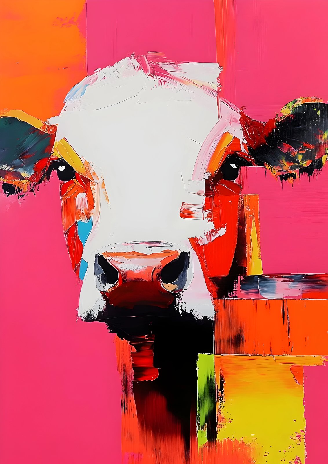 Abstract close-up cow portrait with a white face against a vivid pink background, accented with orange, red, yellow, black, blue, and green brushstrokes.