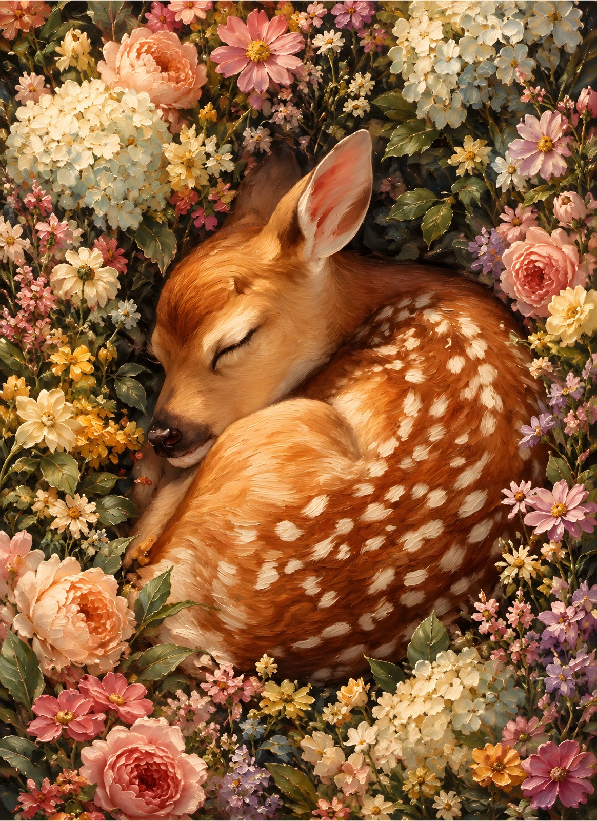 Sleeping spotted fawn curled among dense pink, peach, cream, yellow, and purple flowers with dark green leaves.