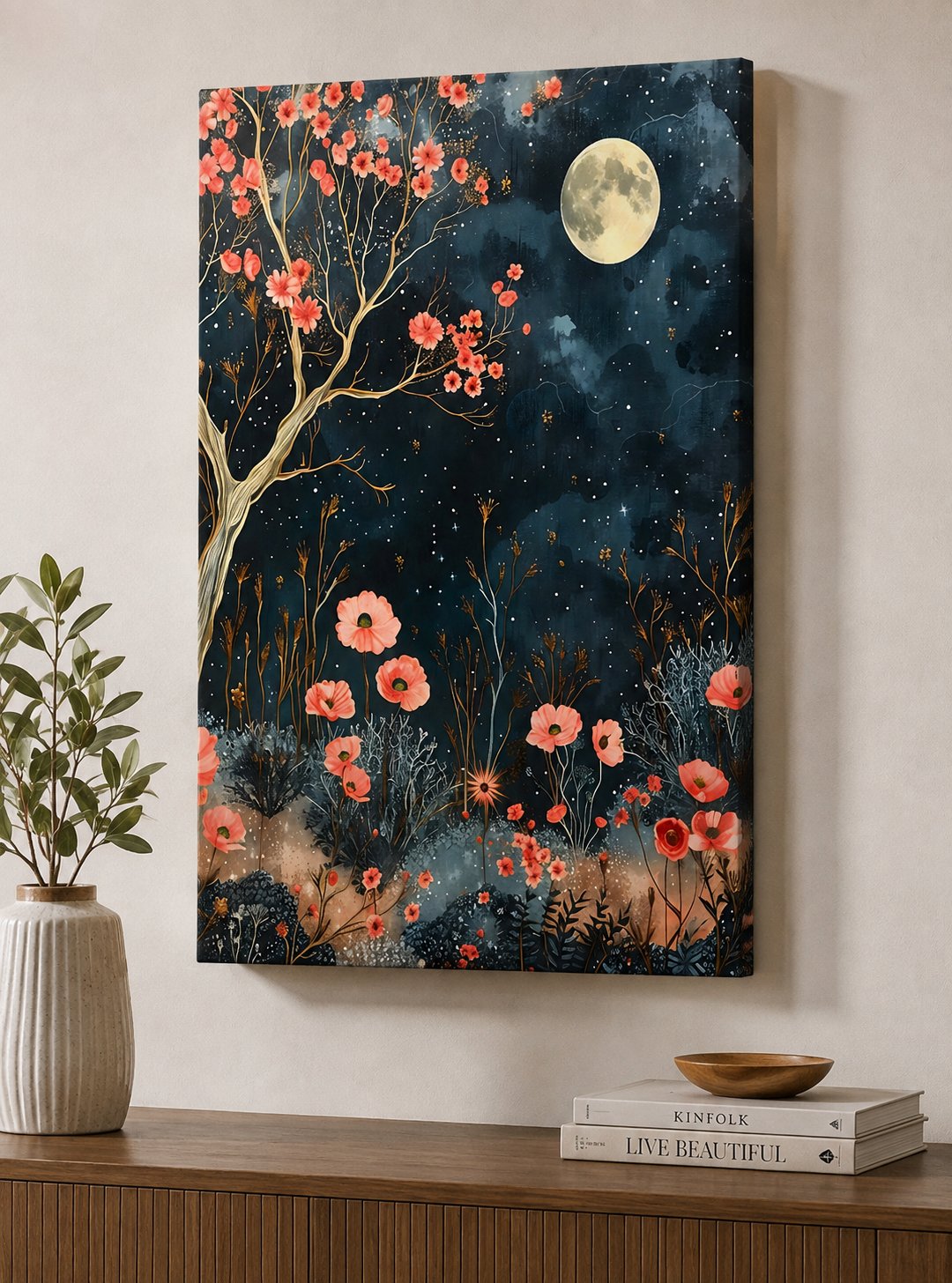 Celestial Night Garden Wall Art – Moonlit Cherry Blossom & Pink Floral Canvas Print canvas print — moonlit garden decor