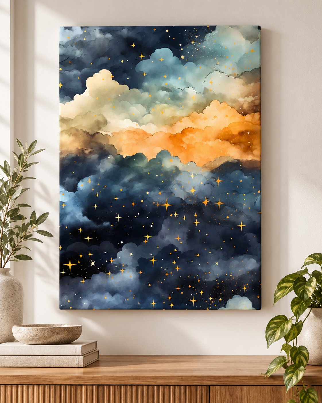 Moonless watercolor night sky with golden stars and a glowing peach cloud band — canvas wall art