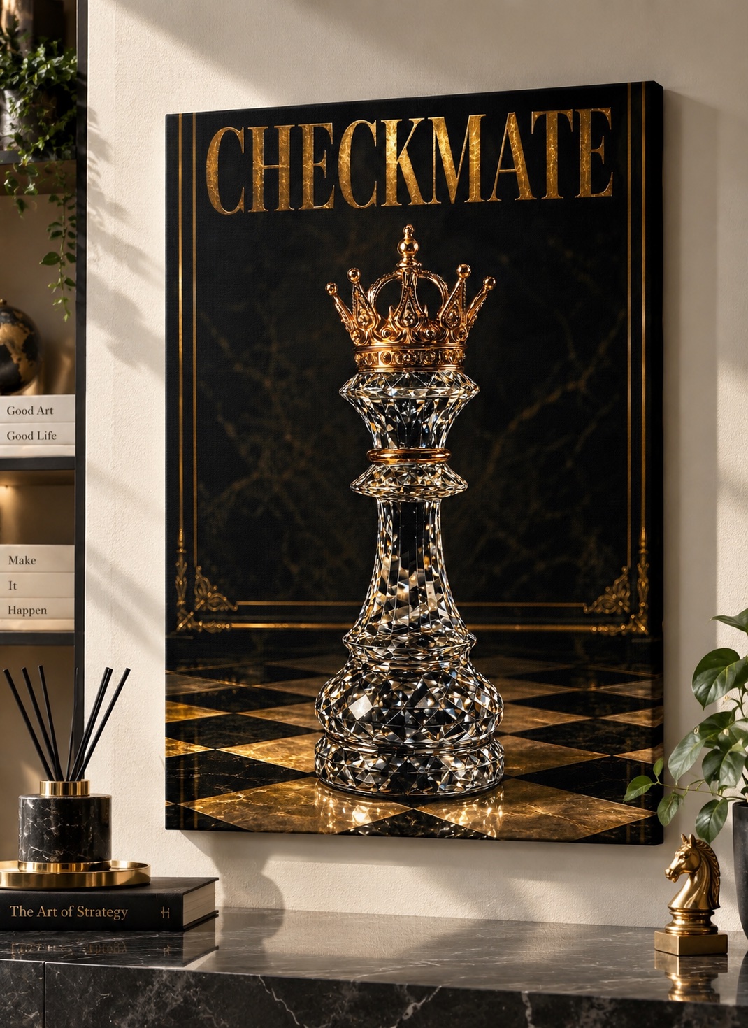 Ornate crowned chess queen with crystal-like detailing on a black and gold checkerboard beneath large gold “CHECKMATE” lettering.