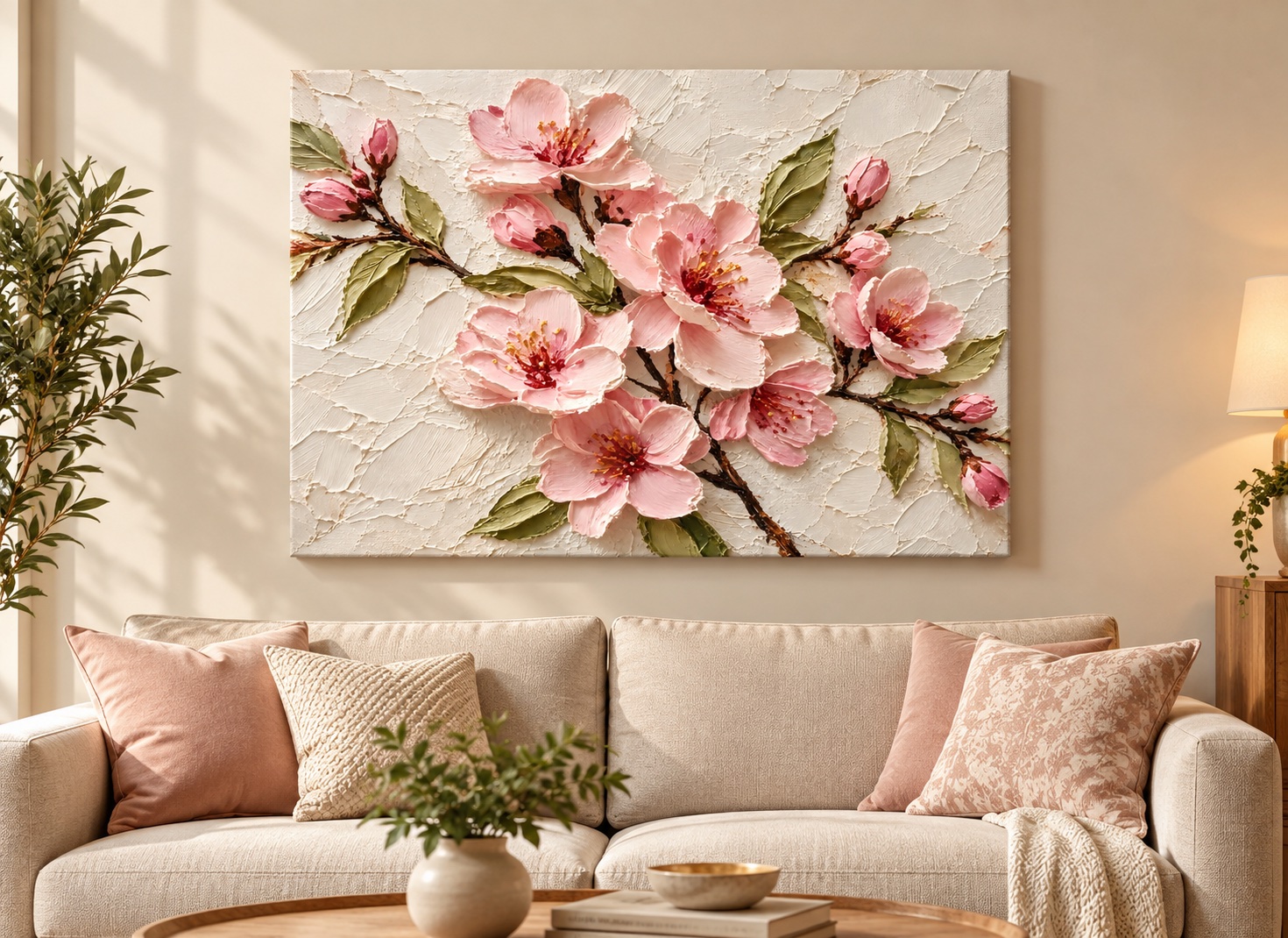 cherry blossom branch impasto canvas wall art