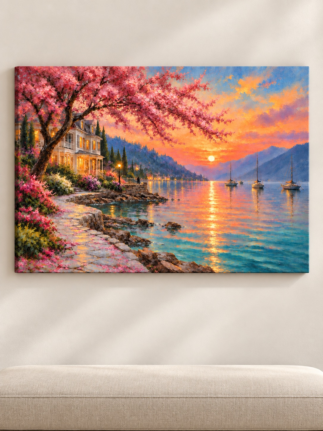 Cherry Blossom Lakeside Sunset Canvas Wall Art for Living Room
