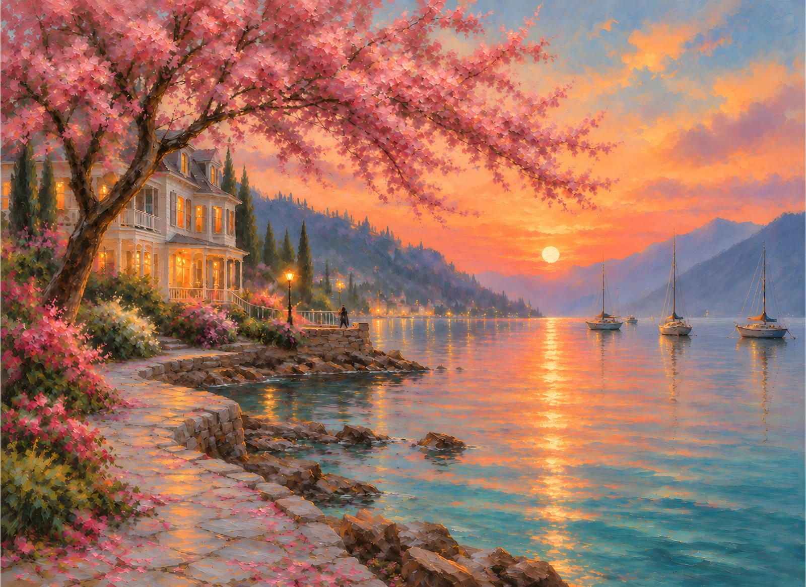 Cherry blossom lakeside sunset poster with villa, sailboats and sun reflections