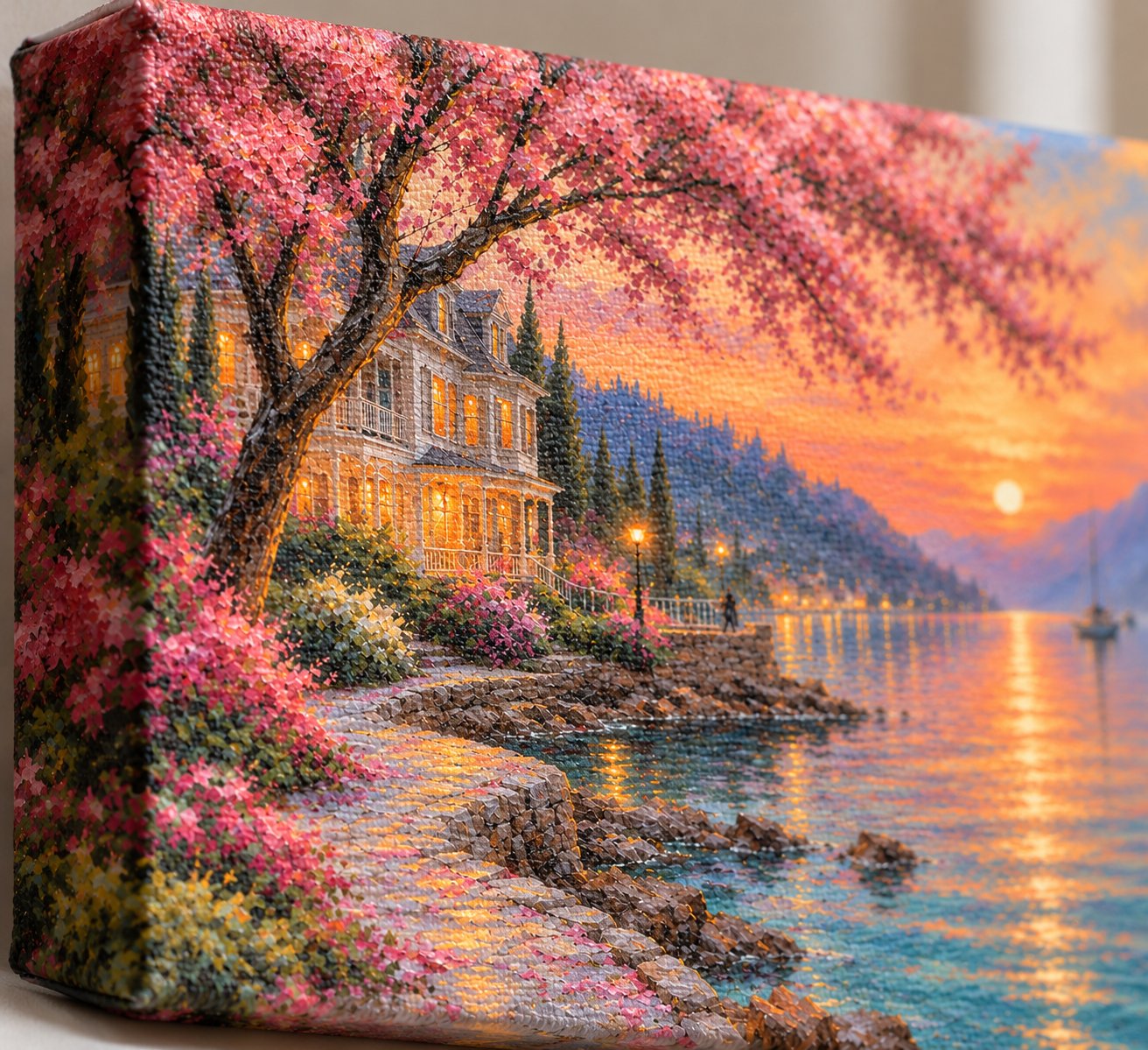 Cherry Blossom Lakeside Sunset Canvas Wall Art for Living Room | Buy Online India