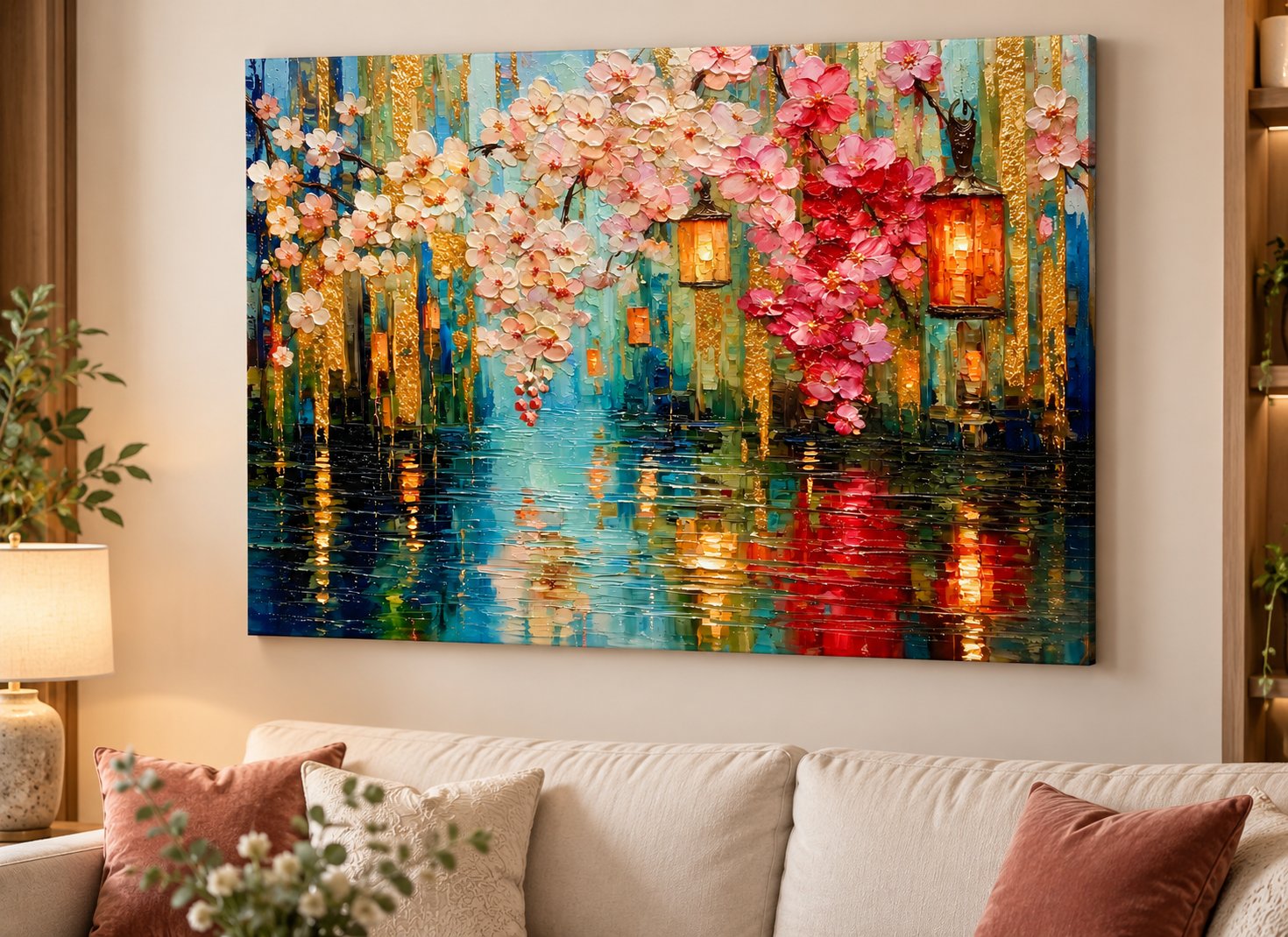 cherry blossom lantern lake canvas wall art