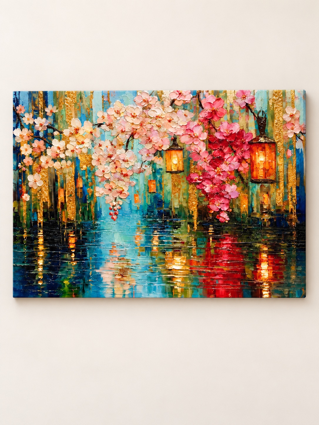 cherry blossom lantern lake canvas wall art